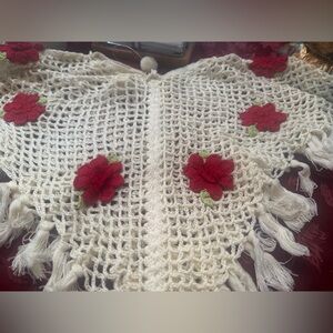 Handcrafted Cream Poncho with Red Floral Accents